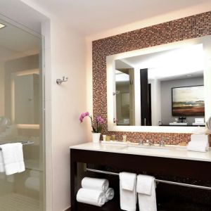 Guest bathroom with shower at Hilton Dallas/ Plano Granite Park.