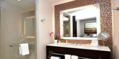Guest bathroom with shower at Hilton Dallas/ Plano Granite Park.