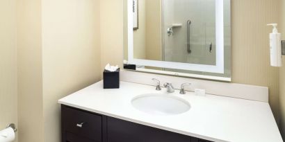 Guest bathroom with shower at Embassy Suites By Hilton St. Louis Downtown.