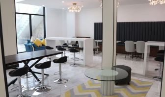 Lobby and coworking lounge at Liberty View Brooklyn Hotel.