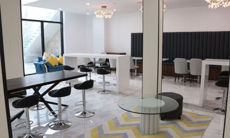 Lobby and coworking lounge at Liberty View Brooklyn Hotel.