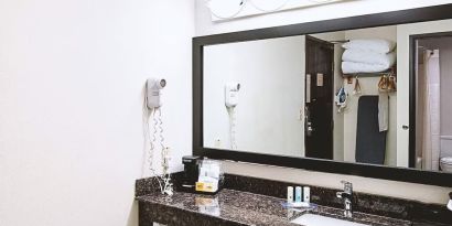 Private bathroom with shower and free toiletries at Hotel Inn Milwaukee.