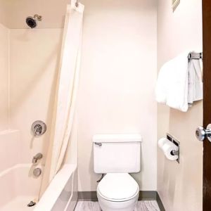 Private guest bathroom with combined shower and tub at Hotel Inn Milwaukee.