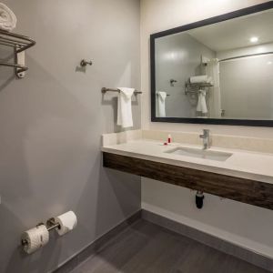 Private guest bathroom with shower and free toiletries at Travelodge LAX By Wyndham.