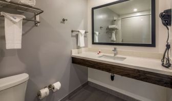 Private guest bathroom with shower and free toiletries at Travelodge LAX By Wyndham.