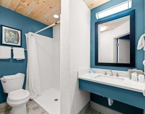 Private guest bathroom with shower and free toiletries at OYO Townhouse Orlando West.