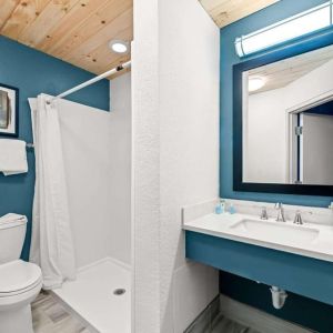Private guest bathroom with shower and free toiletries at OYO Townhouse Orlando West.