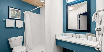 Private guest bathroom with shower and free toiletries at OYO Townhouse Orlando West.