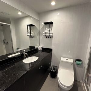 Private guest bathroom with shower and free toiletries at Regal Inn & Suites New York.
