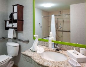 Private guest bathroom with shower and free toiletries at Hampton Inn & Suites St. Louis At Forest Park.
