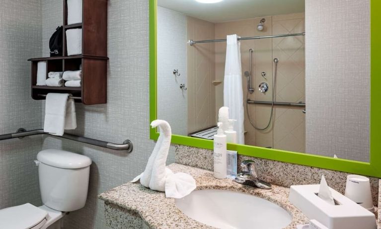 Private guest bathroom with shower and free toiletries at Hampton Inn & Suites St. Louis At Forest Park.
