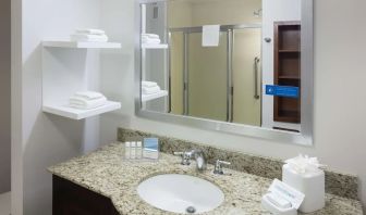 Private guest bathroom with shower and free toiletries at Hampton Inn Los Angeles-Orange County-Cypress.