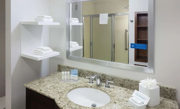Private guest bathroom with shower and free toiletries at Hampton Inn Los Angeles-Orange County-Cypress.