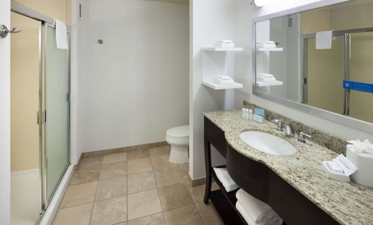 Private guest bathroom with shower and free toiletries at Hampton Inn Los Angeles-Orange County-Cypress.