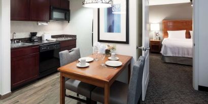 Day use suite with in-room kitchen and lounge area at Homewood Suites By Hilton Agoura Hills.