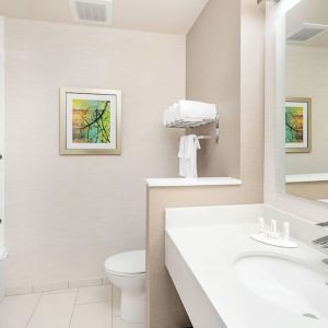 Guest bathroom with shower at Fairfield Inn & Suites By Marriott North Bergen.