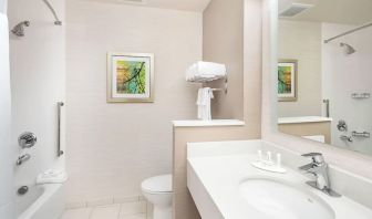 Guest bathroom with shower at Fairfield Inn & Suites By Marriott North Bergen.