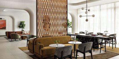 Hotel lobby at Kimpton Theta New York - Times Square.