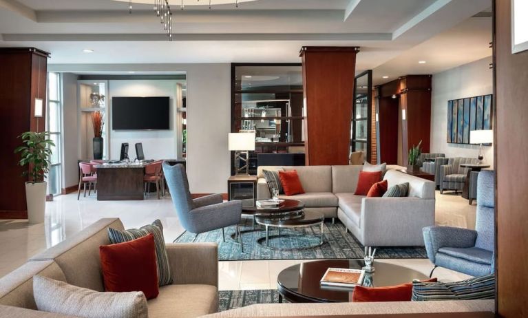 Lobby lounge and workspace at DoubleTree By Hilton San Francisco Airport North Bayfront.