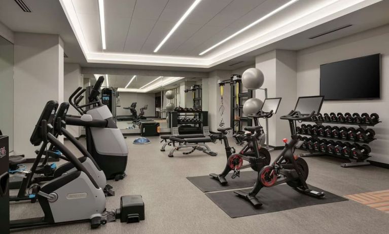 Fully equipped fitness center at 	Home2 Suites By Hilton Denver Downtown Convention Center.