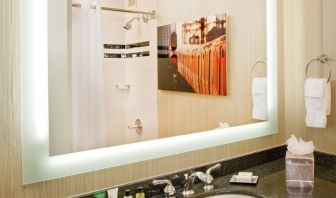 Private guest bathroom with shower and free toiletries at Hilton Newark Airport.