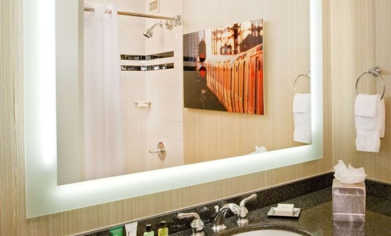 Private guest bathroom with shower and free toiletries at Hilton Newark Airport.