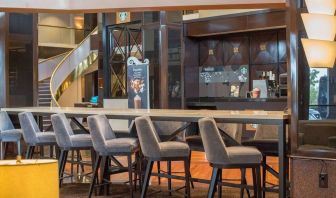 Lobby workspace and coffee shop at Hilton Newark Airport.