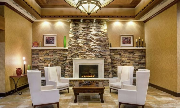Elegant lobby area with fireplace perfect as workplace at the DoubleTree by Hilton Seattle Airport.
