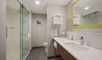 Guest bathroom with shower at Hampton Inn Detroit Southfield.
