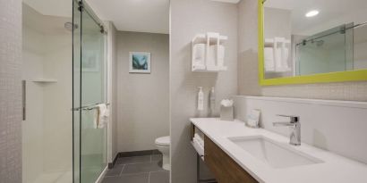 Guest bathroom with shower at Hampton Inn Detroit Southfield.
