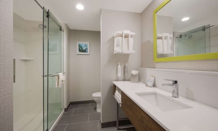 Guest bathroom with shower at Hampton Inn Detroit Southfield.
