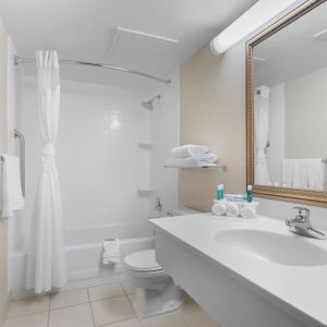 Private guest bathroom with combined shower and tub at Holiday Inn Express Chicago - Downers Grove.