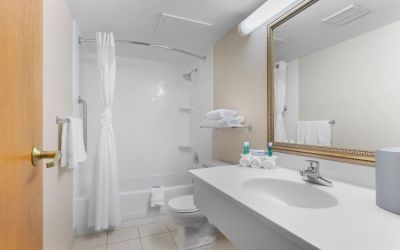 Private guest bathroom with combined shower and tub at Holiday Inn Express Chicago - Downers Grove.