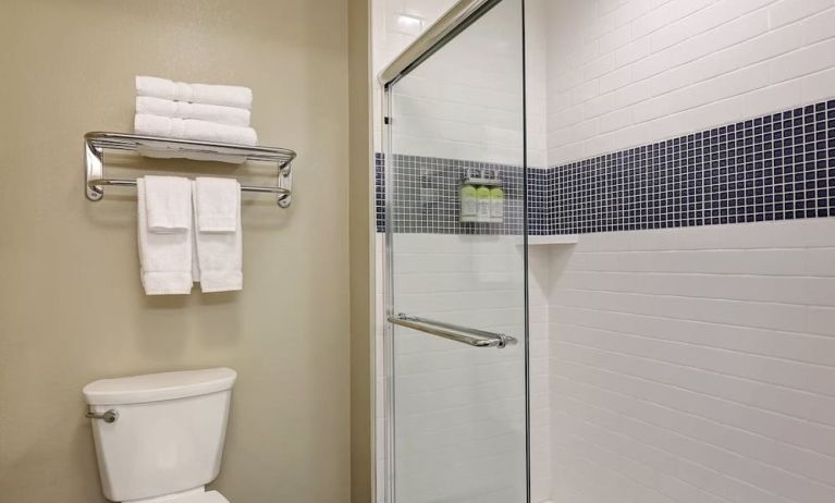Private gueest bathroom with shower and free toiletries at Staybridge Suites Washington D.C.- Greenbelt.