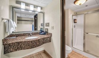 Private guest bathroom with shower and free toiletries at Radisson Hotel Schaumburg.