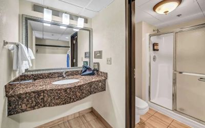 Private guest bathroom with shower and free toiletries at Radisson Hotel Schaumburg.