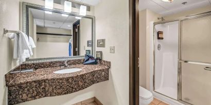 Private guest bathroom with shower and free toiletries at Radisson Hotel Schaumburg.