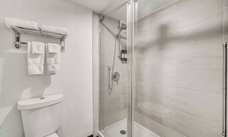 Private guest bathroom with shower at Radisson Hotel Schaumburg.