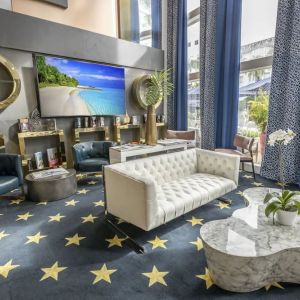 Lobby lounge area and workspace at Catalina Hotel & Beach Club.