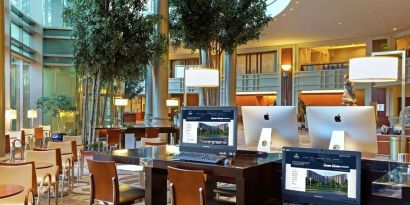 Lobby lounge and workspace at Hilton Boston Logan Airport