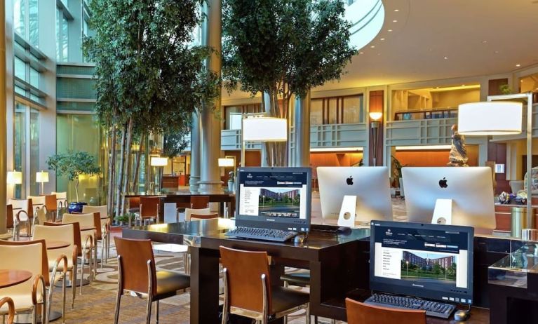 Lobby lounge and workspace at Hilton Boston Logan Airport