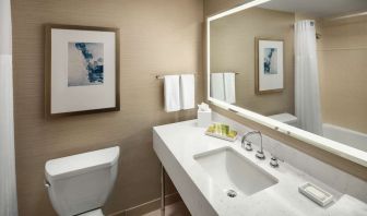 Private guest bathroom with combined shower and tub at Hilton Boston Logan Airport.
