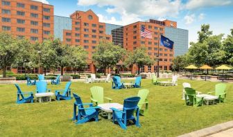 Outdoor seating area at Hilton Short Hills.