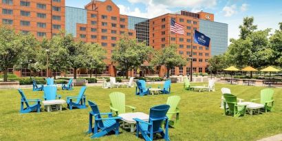 Outdoor seating area at Hilton Short Hills.