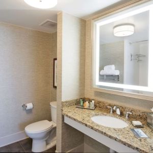 Private guest bathroom with shower and free toiletries at Hilton Baton Rouge Capitol Center.