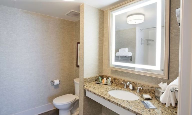 Private guest bathroom with shower and free toiletries at Hilton Baton Rouge Capitol Center.