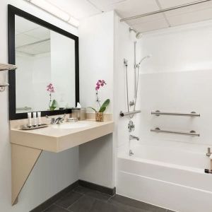 Guest bathroom with shower and tub at Hotel Studio Allston.