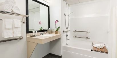 Guest bathroom with shower and tub at Hotel Studio Allston.
