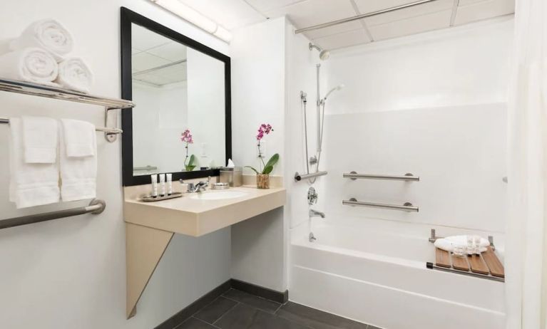 Guest bathroom with shower and tub at Hotel Studio Allston.