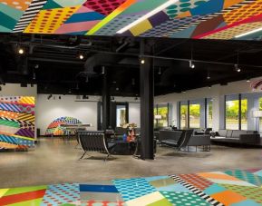 Lobby and coworking lounge at Hotel Studio Allston.